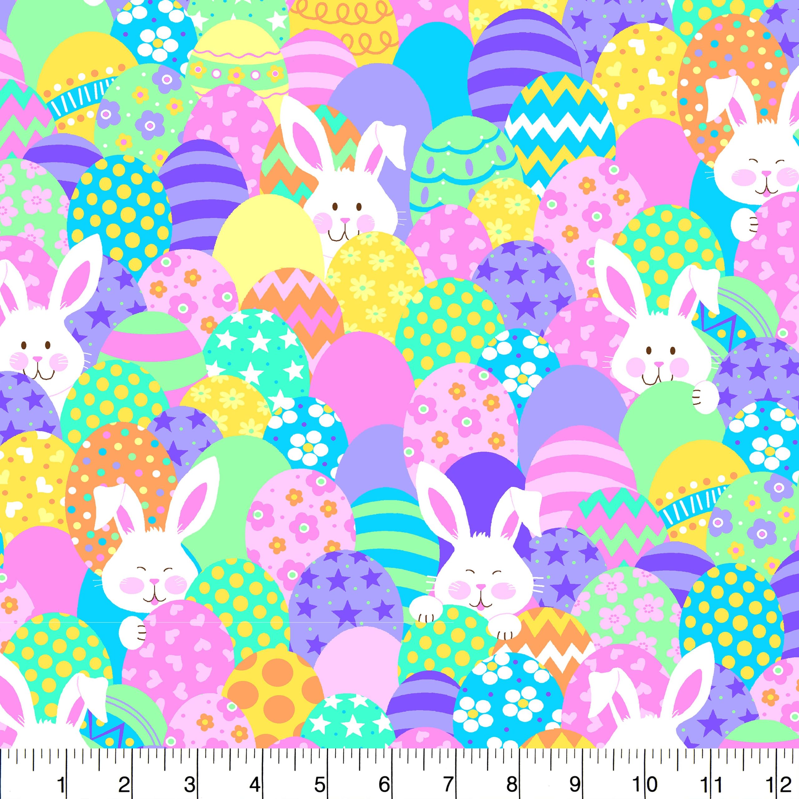 Fabric Traditions Easter Stacked Bunnies & Eggs Glitter Cotton Fabric - Image 3