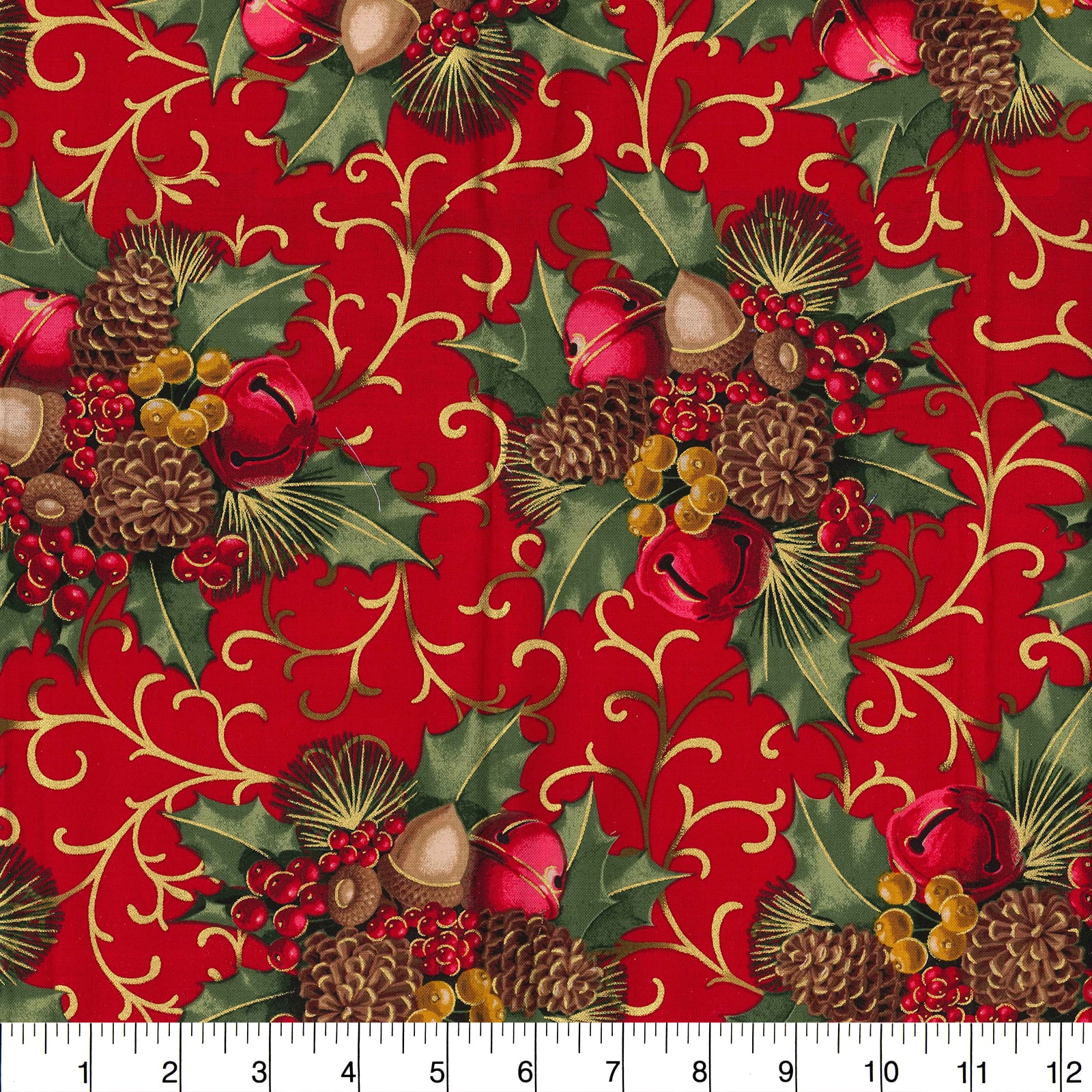 Fabric Traditions Christmas Red Glitter Berries & Bells Cotton Fabric - Image 2